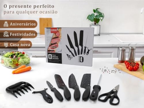 Conjunto de Facas 8 acessórios para Churrasco Cozinha de Aço Inox LUMAI Kit Completo do Chef com Facas Amolador Garra de Carne (Preto Granulado)