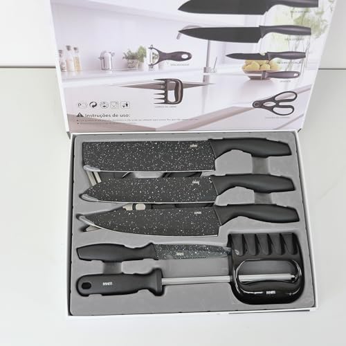 Conjunto de Facas 8 acessórios para Churrasco Cozinha de Aço Inox LUMAI Kit Completo do Chef com Facas Amolador Garra de Carne (Preto Granulado)