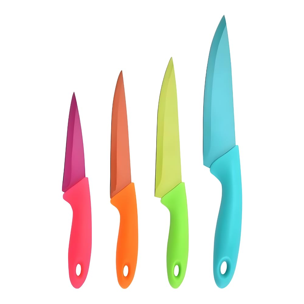 Jogo De Facas Coloridas Kit Com 4 Peças Aço Inox Para Cozinha, Churrasco, Legumes, Frango, Peixe, Salmão, Pizza, Carne, Verduras, Frutas, Linha Premium RV Globi.