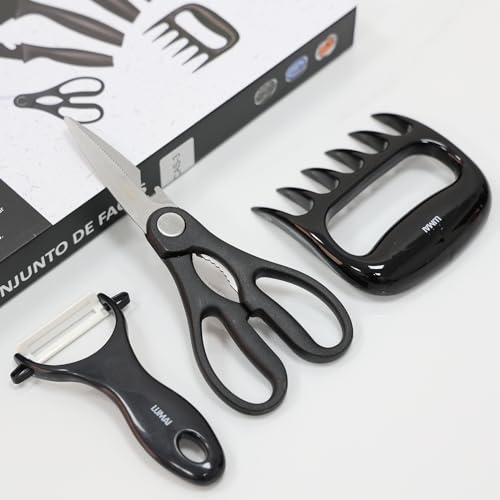 Conjunto de Facas 8 acessórios para Churrasco Cozinha de Aço Inox LUMAI Kit Completo do Chef com Facas Amolador Garra de Carne (Preto Granulado)