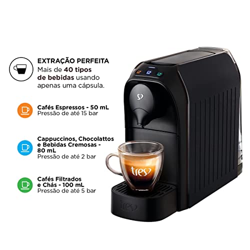 Cafeteira Espresso Três, Passione, Preta, 220V, 3 Corações
