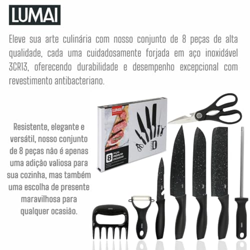 Conjunto de Facas 8 acessórios para Churrasco Cozinha de Aço Inox LUMAI Kit Completo do Chef com Facas Amolador Garra de Carne (Preto Granulado)