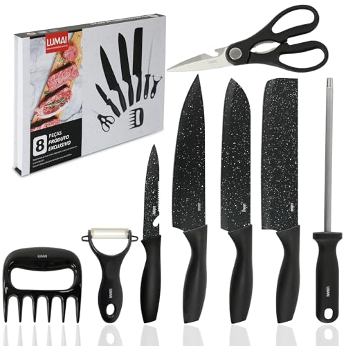 Conjunto de Facas 8 acessórios para Churrasco Cozinha de Aço Inox LUMAI Kit Completo do Chef com Facas Amolador Garra de Carne (Preto Granulado)