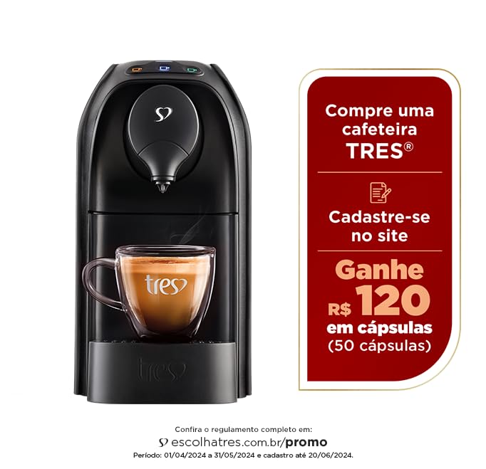 Cafeteira Espresso Três, Passione, Preta, 220V, 3 Corações