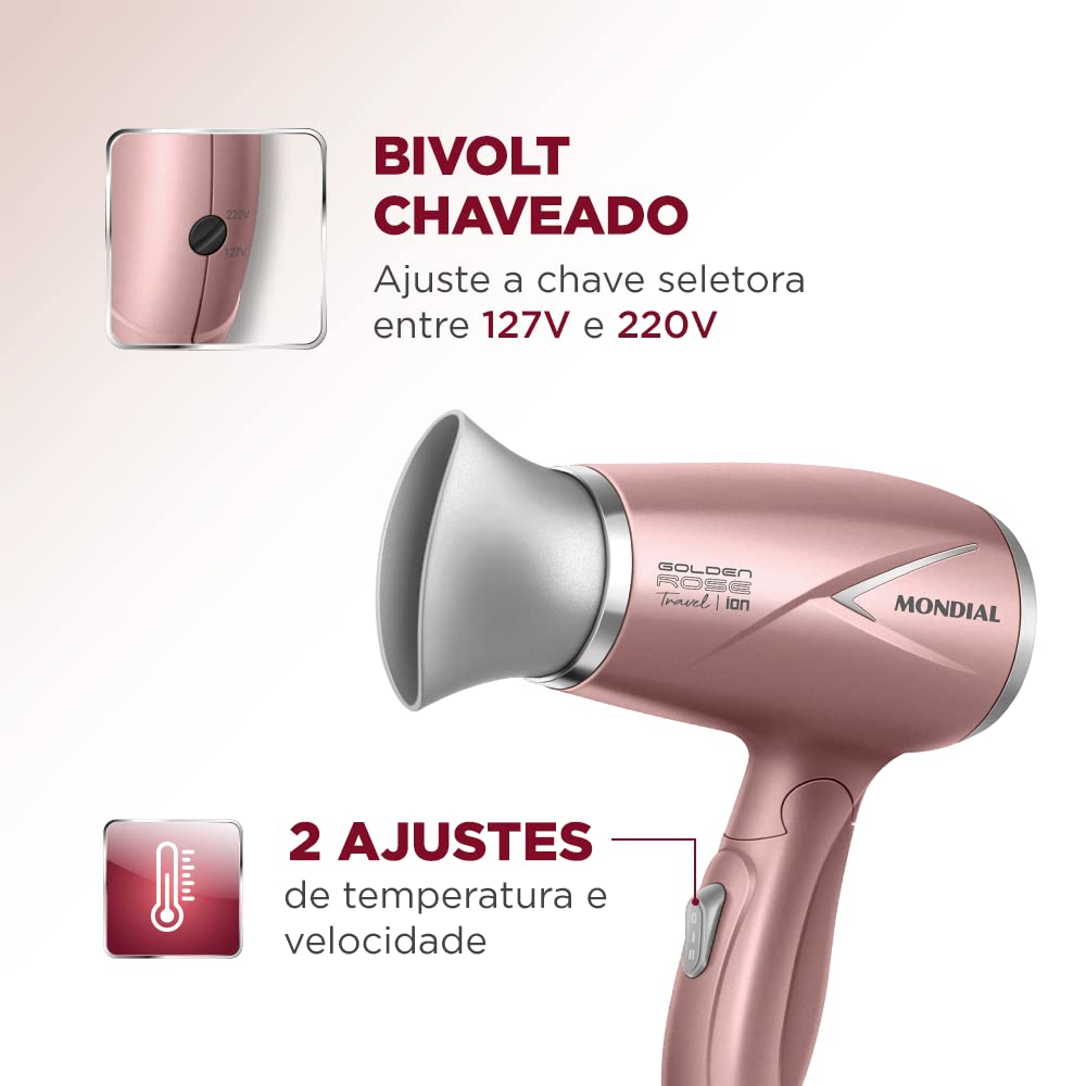 Secador de Cabelos Travel, Mondial, Golden Rose, 1200W, Bivolt - SC-47-GR