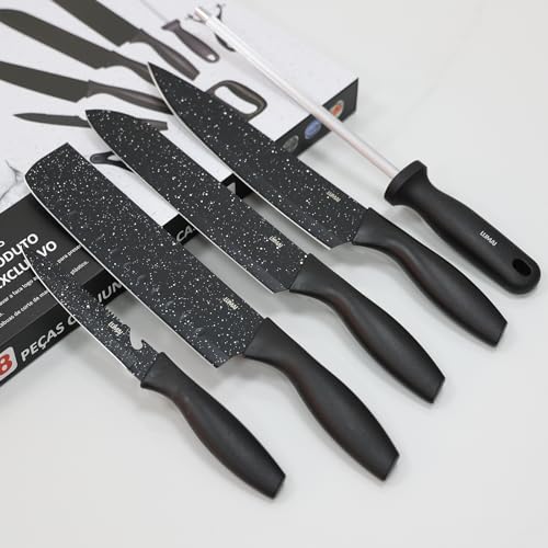 Conjunto de Facas 8 acessórios para Churrasco Cozinha de Aço Inox LUMAI Kit Completo do Chef com Facas Amolador Garra de Carne (Preto Granulado)