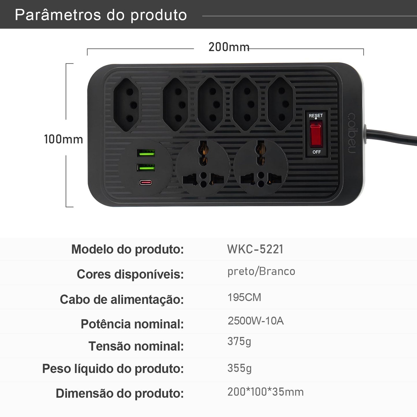 Filtro de Linha, Extensão Tomada, Régua Tomada, Régua de Energia, 5 Tomadas, 2 Interfaces USB, 1 Porta USB Tipo-C, 2 Tomada Universal, Cabo de Alimentação de 1,9 metros (Branco)
