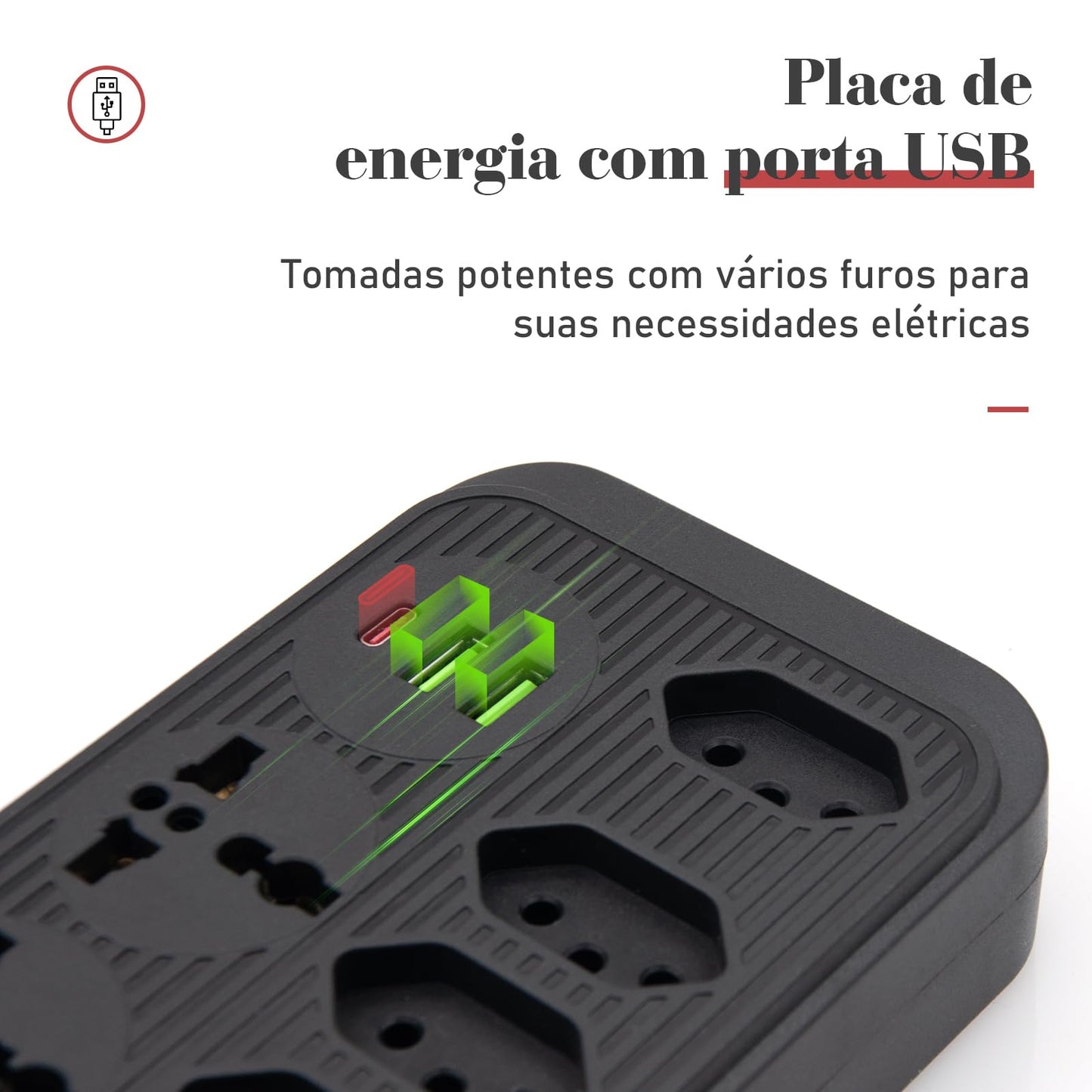 Filtro de Linha, Extensão Tomada, Régua Tomada, Régua de Energia, 5 Tomadas, 2 Interfaces USB, 1 Porta USB Tipo-C, 2 Tomada Universal, Cabo de Alimentação de 1,9 metros (Branco)