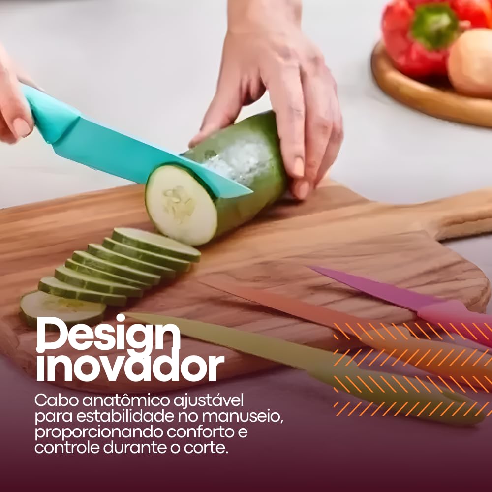 Jogo De Facas Coloridas Kit Com 4 Peças Aço Inox Para Cozinha, Churrasco, Legumes, Frango, Peixe, Salmão, Pizza, Carne, Verduras, Frutas, Linha Premium RV Globi.