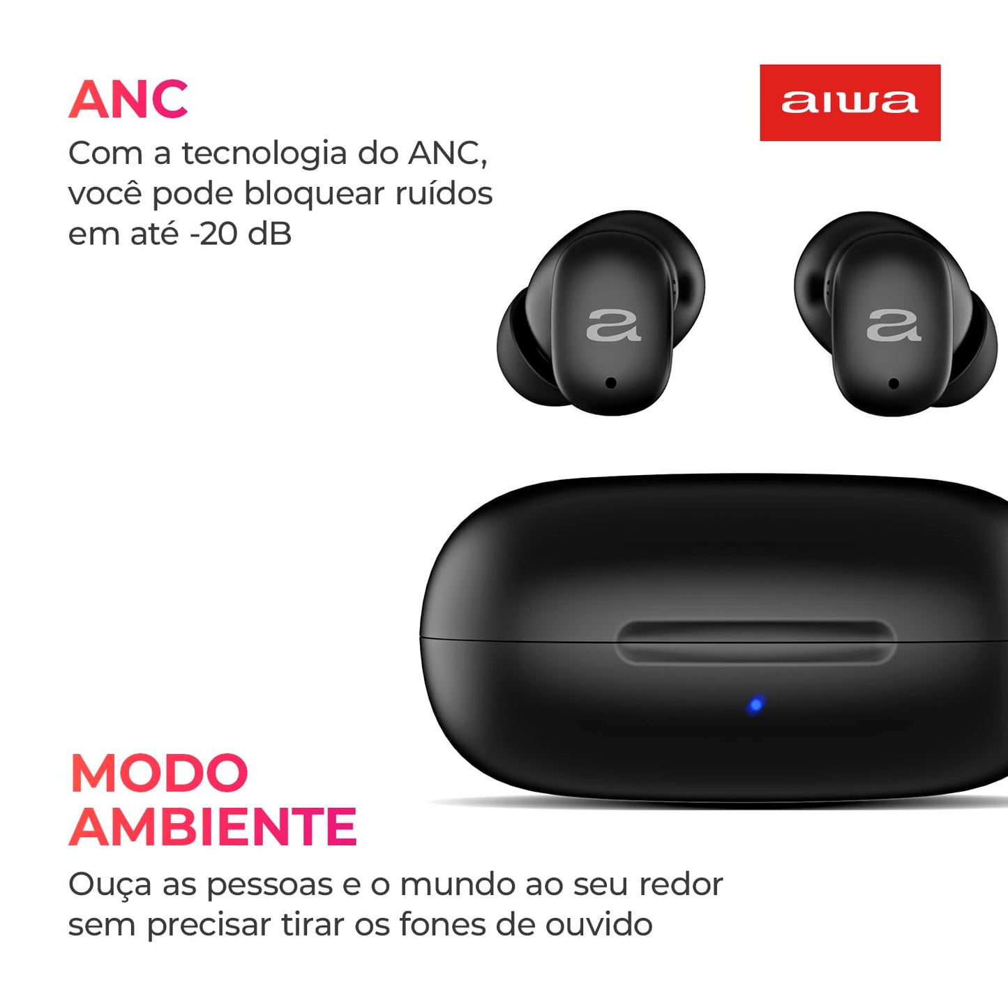 Aiwa, Fone de Ouvido Sem Fio, Bluetooth 5.3, TWS, ANC Ativo, Modo Ambiente e ENC, IPX5, 24 Horas totais de Bateria, Carregamento Rápido, EB-03