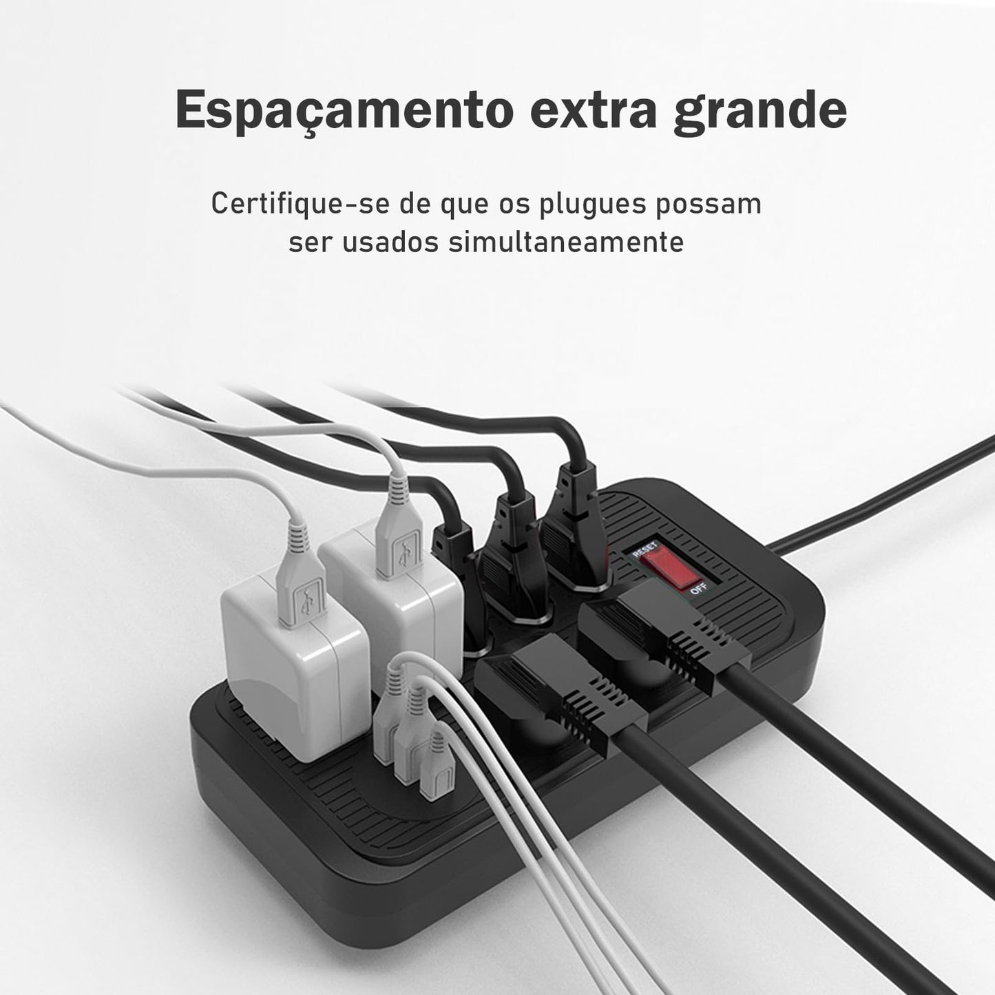 Filtro de Linha, Extensão Tomada, Régua Tomada, Régua de Energia, 5 Tomadas, 2 Interfaces USB, 1 Porta USB Tipo-C, 2 Tomada Universal, Cabo de Alimentação de 1,9 metros (Branco)