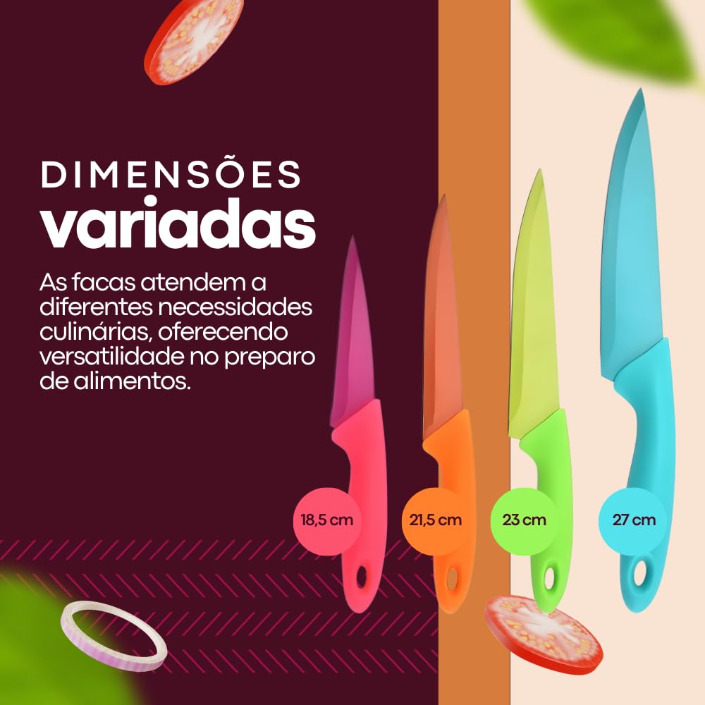 Jogo De Facas Coloridas Kit Com 4 Peças Aço Inox Para Cozinha, Churrasco, Legumes, Frango, Peixe, Salmão, Pizza, Carne, Verduras, Frutas, Linha Premium RV Globi.