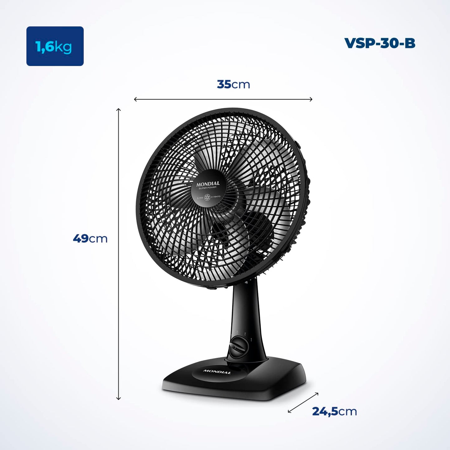 Ventilador de Mesa MONDIAL 110V, 30cm, 6 pás, Super Power - VSP-30-B