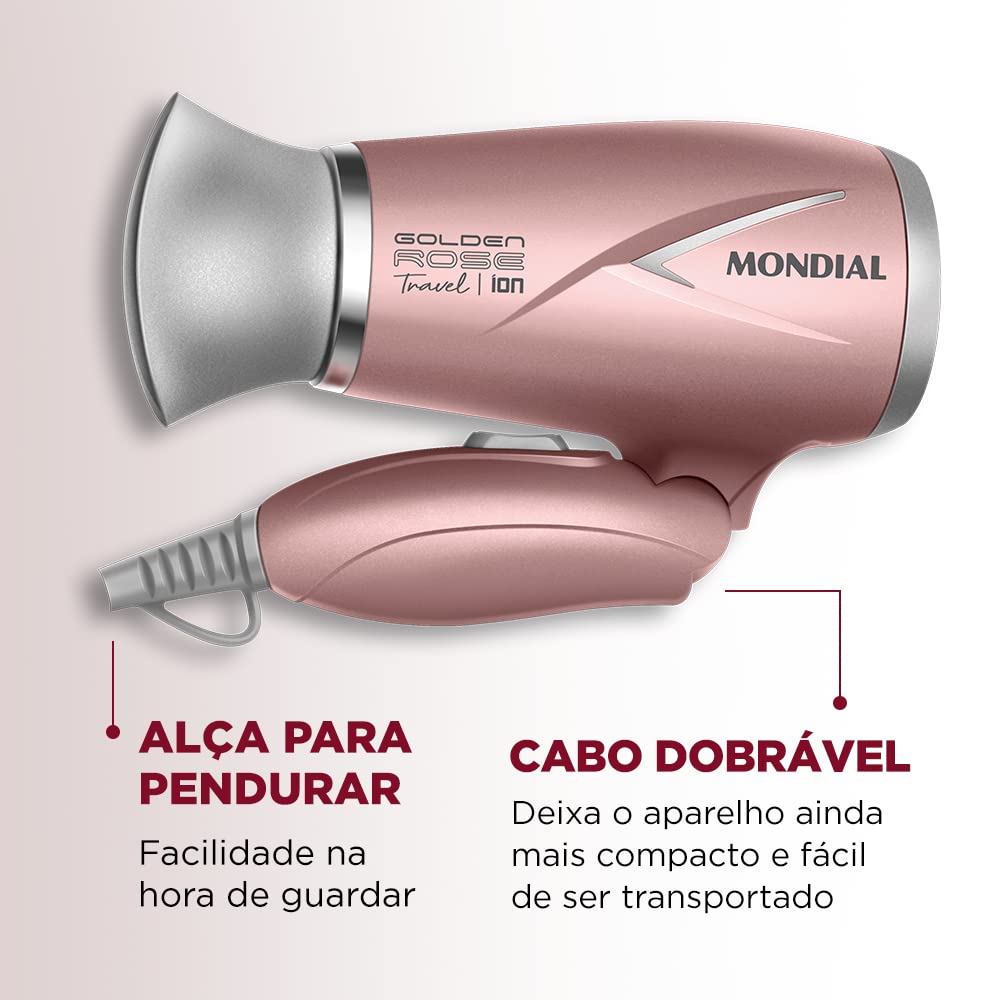 Secador de Cabelos Travel, Mondial, Golden Rose, 1200W, Bivolt - SC-47-GR