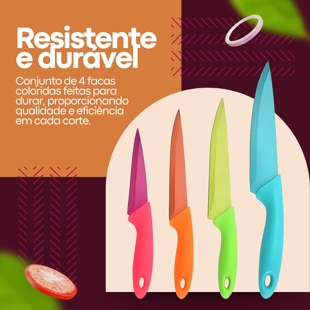 Jogo De Facas Coloridas Kit Com 4 Peças Aço Inox Para Cozinha, Churrasco, Legumes, Frango, Peixe, Salmão, Pizza, Carne, Verduras, Frutas, Linha Premium RV Globi.