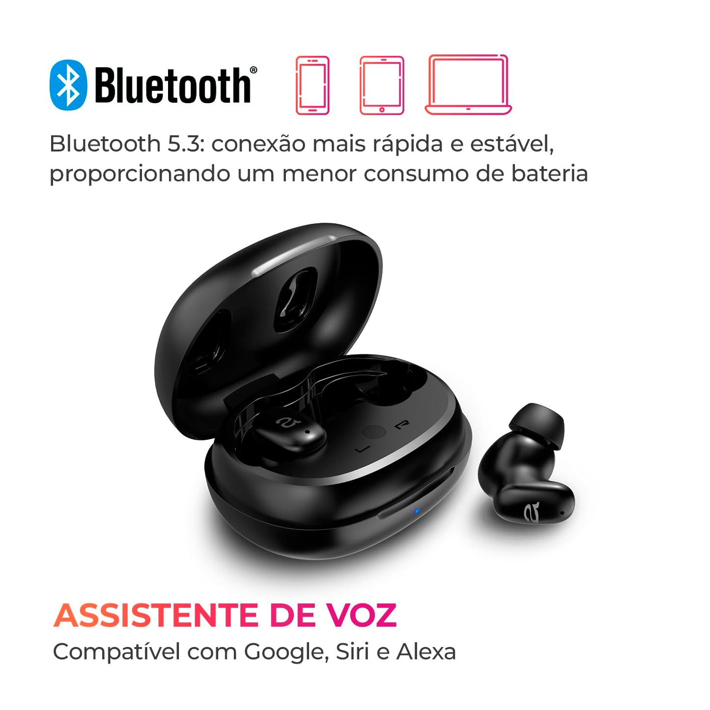 Aiwa, Fone de Ouvido Sem Fio, Bluetooth 5.3, TWS, ANC Ativo, Modo Ambiente e ENC, IPX5, 24 Horas totais de Bateria, Carregamento Rápido, EB-03