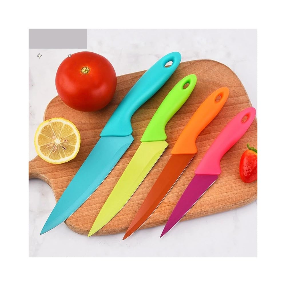 Jogo De Facas Coloridas Kit Com 4 Peças Aço Inox Para Cozinha, Churrasco, Legumes, Frango, Peixe, Salmão, Pizza, Carne, Verduras, Frutas, Linha Premium RV Globi.