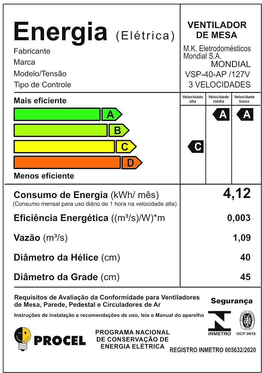 Ventilador de Mesa Mondial 110V, 40cm, 6 pás, Super Power - VSP-40-AP