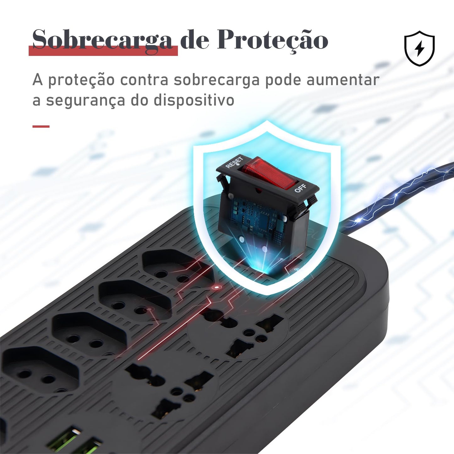 Filtro de Linha, Extensão Tomada, Régua Tomada, Régua de Energia, 5 Tomadas, 2 Interfaces USB, 1 Porta USB Tipo-C, 2 Tomada Universal, Cabo de Alimentação de 1,9 metros (Branco)