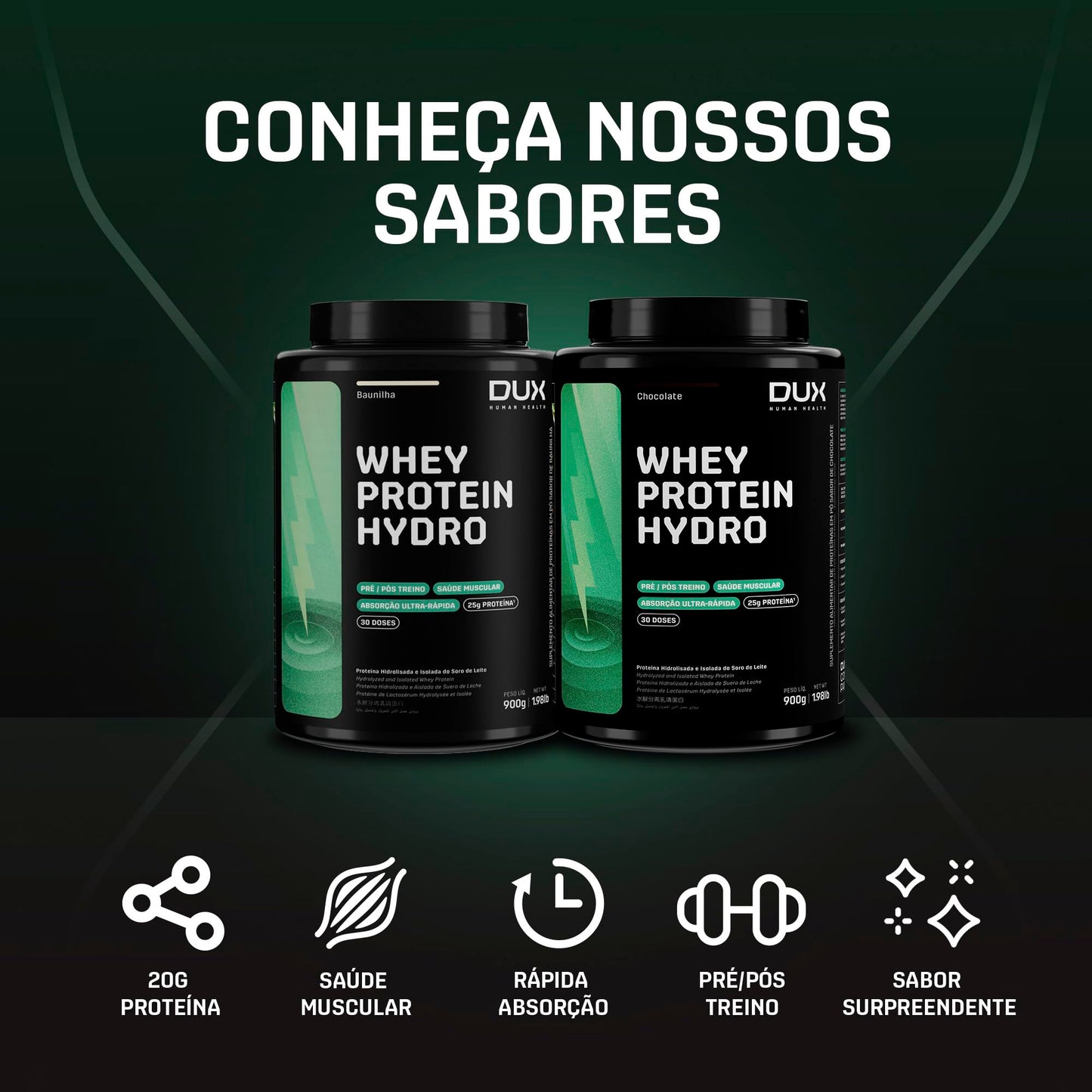 Whey Protein Hydro Baunilha Pote 900g – Absorção Rápida – Ganho Muscular – Baixo Teor de Lactose – Dux Human Health