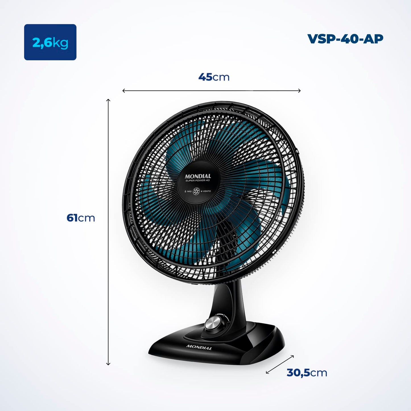 Ventilador de Mesa Mondial 110V, 40cm, 6 pás, Super Power - VSP-40-AP