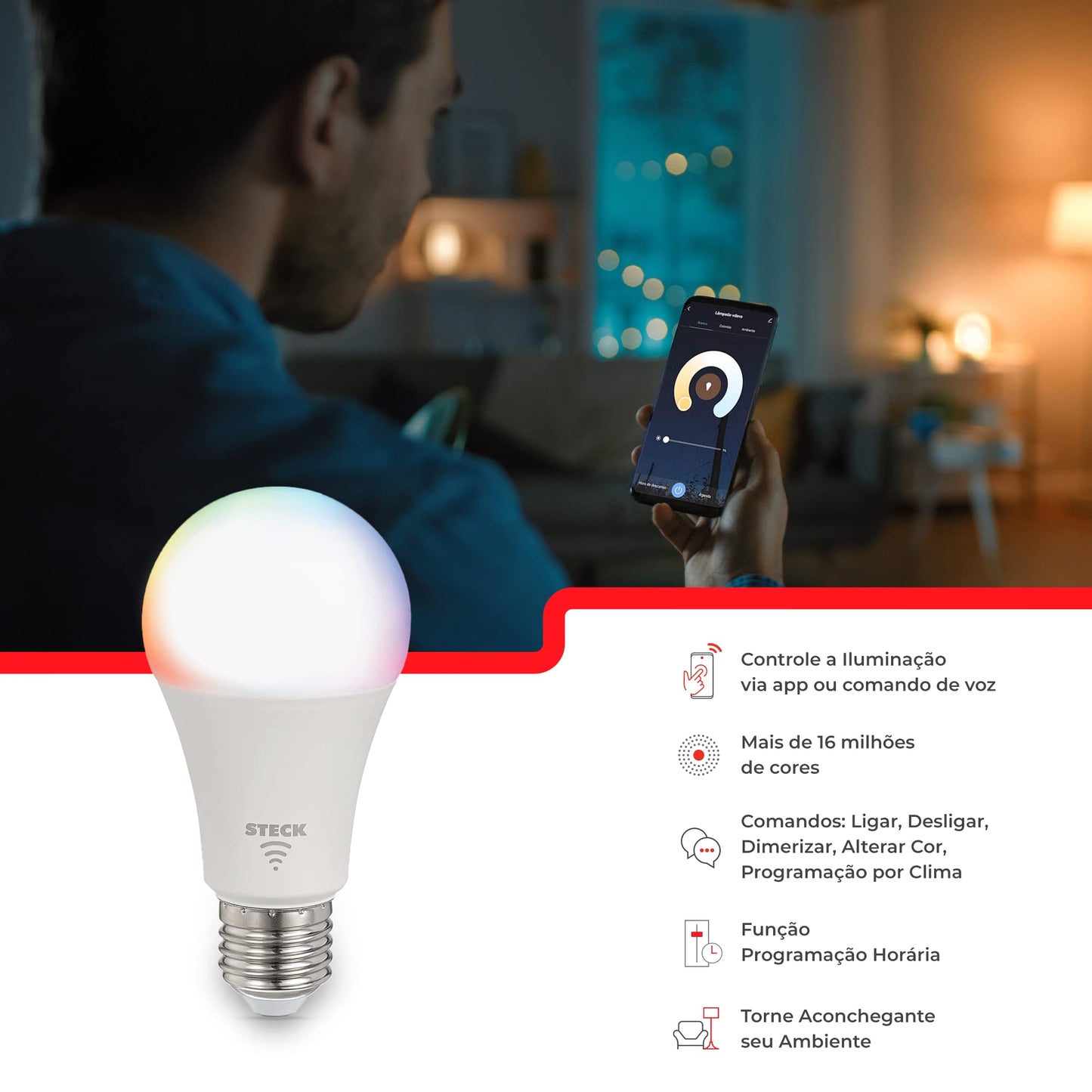 Steck, Lâmpada Inteligente 7W, Steck Ambiente Conectado RGBW Wi-Fi, Bivolt