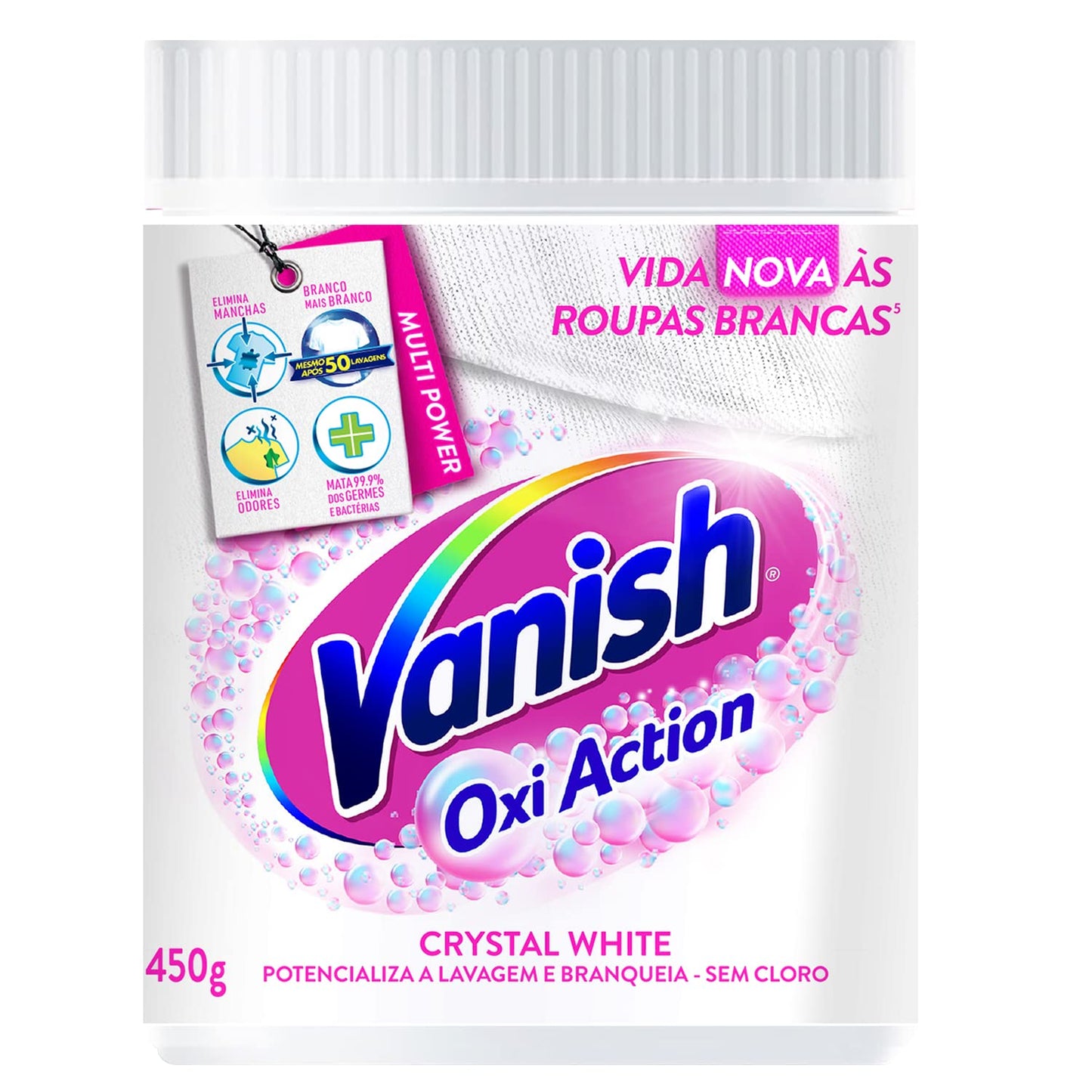 Vanish Tira Manchas Em Pó Crystal White Oxi Action 450G Para Roupas Brancas