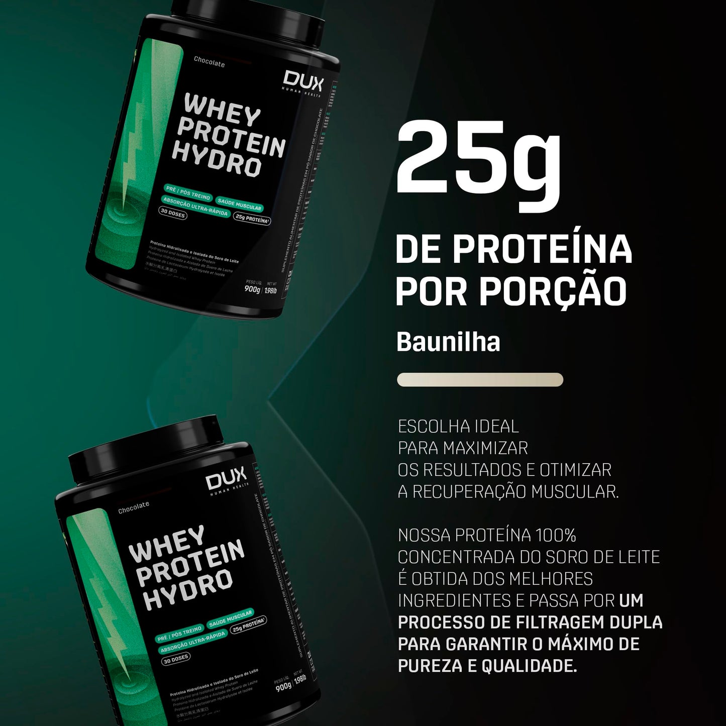 Whey Protein Hydro Baunilha Pote 900g – Absorção Rápida – Ganho Muscular – Baixo Teor de Lactose – Dux Human Health