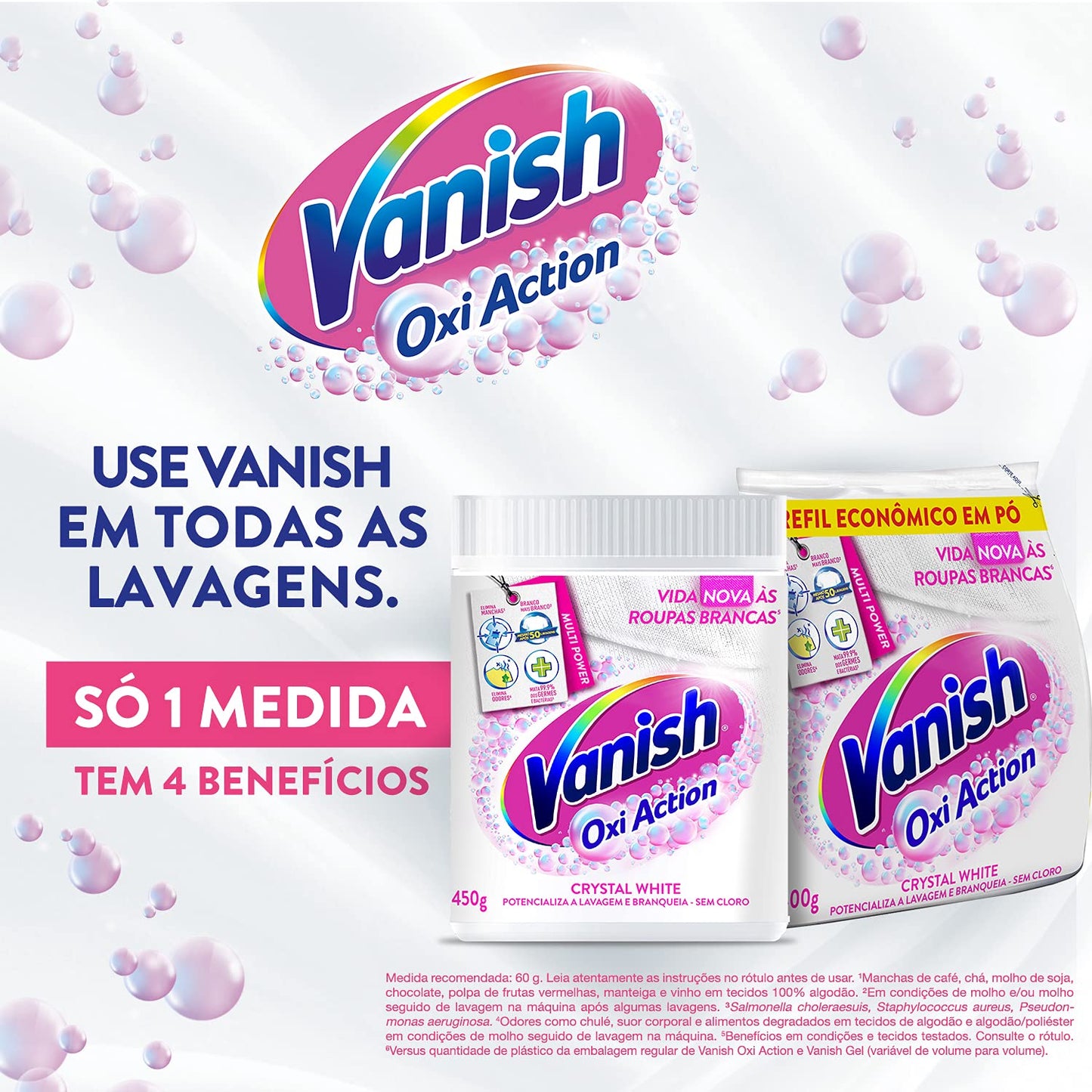 Vanish Tira Manchas Em Pó Crystal White Oxi Action 450G Para Roupas Brancas