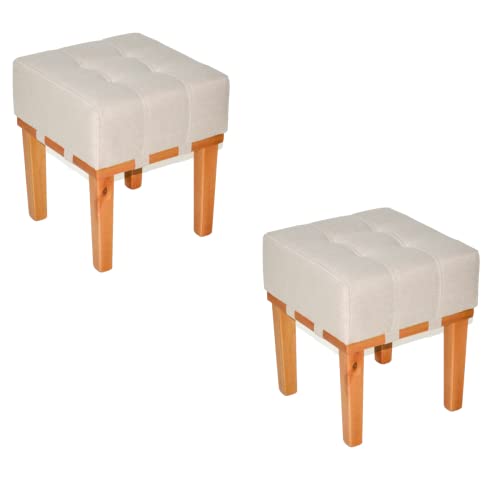 Kit 2 Puff Banquetas Apolo Para Sala de Estar Madeira Maciça Sanna Decor (Linho Bege)
