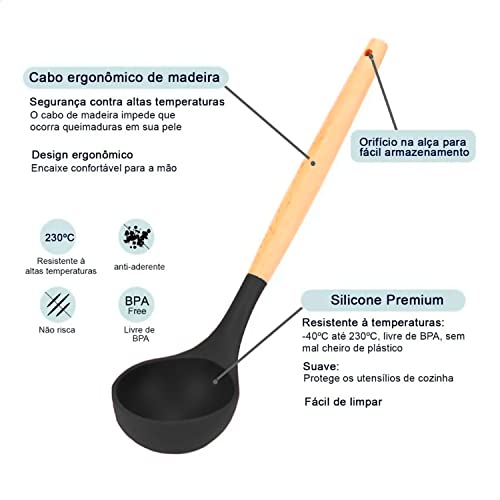 Conjunto de Utensílios de Cozinha em Silicone Antiaderentes com cabo de Madeira - Conjunto de Utensílios 12 Peças (Preto)