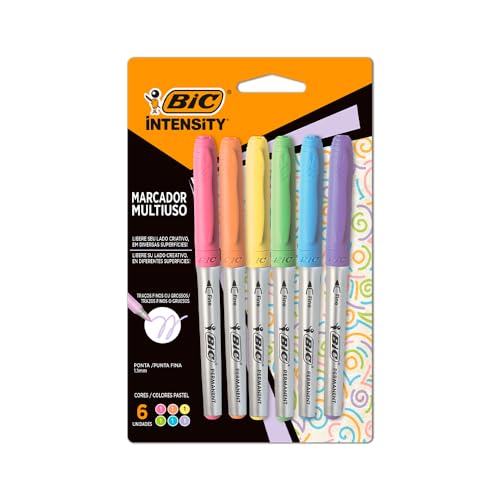 Pincel Marcador Permanente BIC Marking, Color Pastel, Ponta Média, 6 Cores, 891855, 6 Unidades, Tons Pastéis, Superfícies Diversas