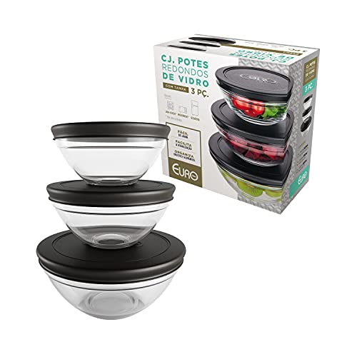 Conjunto com 3 Potes de Vidro Redondos com Tampa Plástica preta, VDR7093-PT, Euro Home