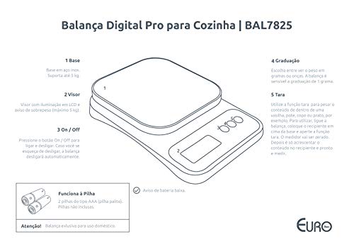 Balança digital Pró para Cozinha pró 5 kg, Prata, BAL7825, Euro Home