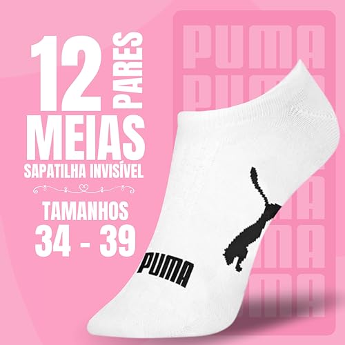 Kit 12 Pares Meias Puma Sapatilha Invisível Soquete Feminino, 12 Brancos, 34-39
