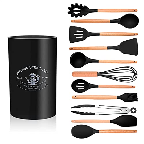 Conjunto de Utensílios de Cozinha em Silicone Antiaderentes com cabo de Madeira - Conjunto de Utensílios 12 Peças (Preto)
