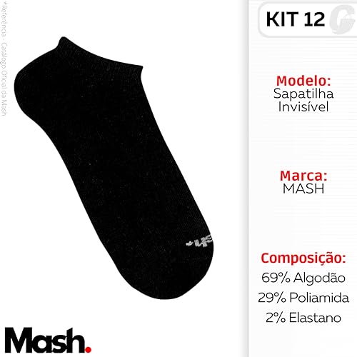Kit 12 Pares Meias Sapatilha Invisível Esportiva Active Mash Algodão | 12 Pretas | 39-44