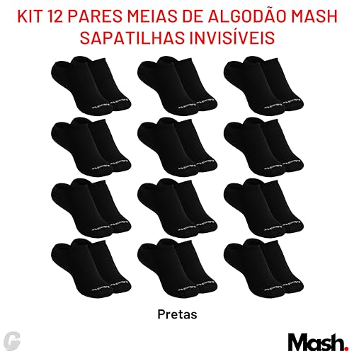 Kit 12 Pares Meias Sapatilha Invisível Esportiva Active Mash Algodão | 12 Pretas | 39-44