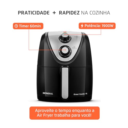 Fritadeira Sem Óleo Air Fryer 5L, Mondial, Preto/Inox, 1900W, 110V - AFN-50-BI