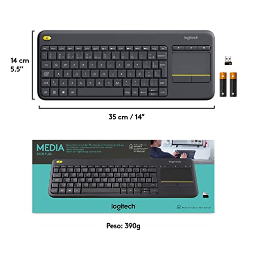 Logitech K400 Plus TV - Teclado sem fio com Touchpad Integrado, Conexão USB Unifying e Layout ABNT2, 139,9 x 354,3 x 23,5 mm