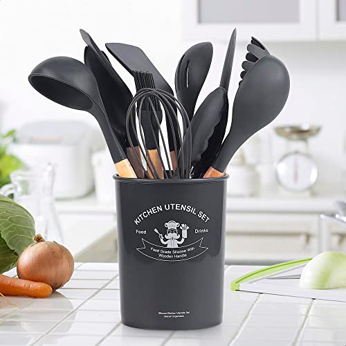 Conjunto de Utensílios de Cozinha em Silicone Antiaderentes com cabo de Madeira - Conjunto de Utensílios 12 Peças (Preto)