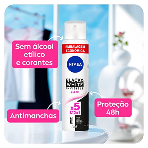 NIVEA Desodorante Antitranspirante Aerossol Invisible Black & White Clear 200ml - Proteção eficaz de 48 horas contra suor e mau odor, elimina 99,9% das bactérias e evita manchas em roupas