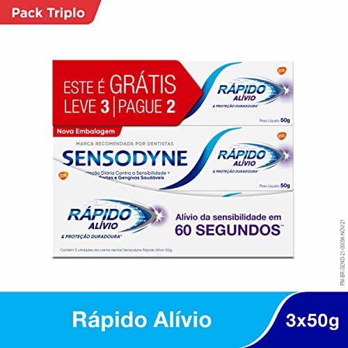 Sensodyne Creme Dental Rápido Alívio e Proteção Duradoura para Dentes e Gengivais Sensíveis, Leve 3 unidades e Pague 2, 50g cada
