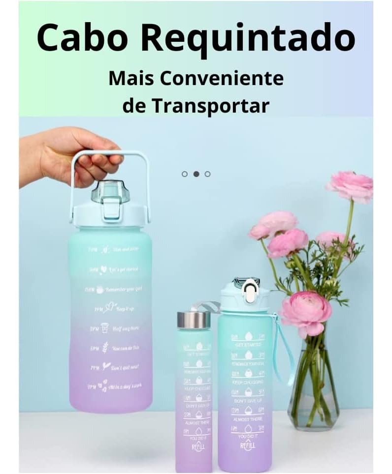 Kit 3 Garrafa De Água Squeeze Galão 2l Litros Motivacional Academia Colorida Antivazamento 3D Tie Dye Frases Português (PRETO)