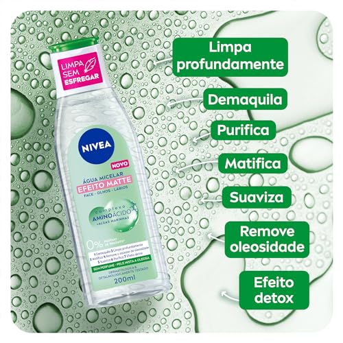 NIVEA Água Micelar Solução de Limpeza Facial 7 em 1 Efeito Matte 200ml - Fórmula poderosa com efeito matte que oferece 7 benefícios: limpa, hidrata, suaviza, tonifica, demaquila, acalma e refresca