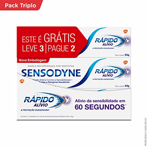 Sensodyne Creme Dental Rápido Alívio e Proteção Duradoura para Dentes e Gengivais Sensíveis, Leve 3 unidades e Pague 2, 50g cada