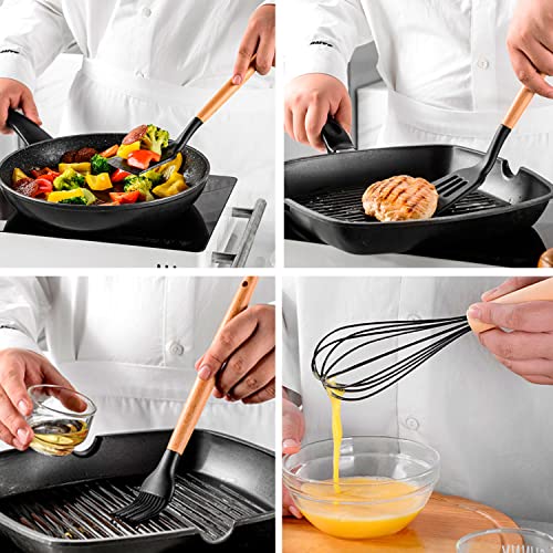 Conjunto de Utensílios de Cozinha em Silicone Antiaderentes com cabo de Madeira - Conjunto de Utensílios 12 Peças (Preto)