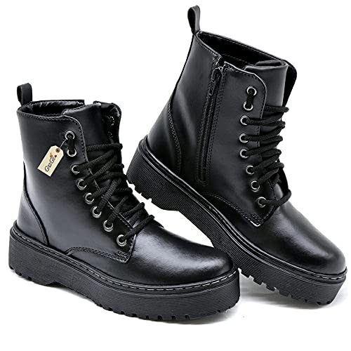 Bota Coturno Militar Feminino Blogueira Cano Alto Com Cadarço Sola de Borracha Antiderrapante 202-GG Cor:Preto;Tamanho;33