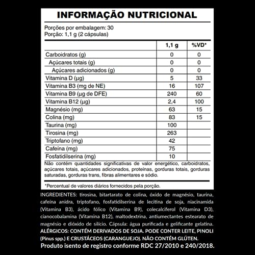 Neuro+ 60 Cápsulas Foco Colina B12 Taurina Tirosina Triptofano Magnésio Cafeína Ellym Nutrition