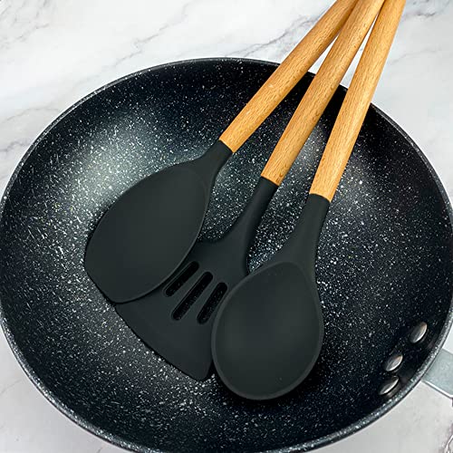 Conjunto de Utensílios de Cozinha em Silicone Antiaderentes com cabo de Madeira - Conjunto de Utensílios 12 Peças (Preto)